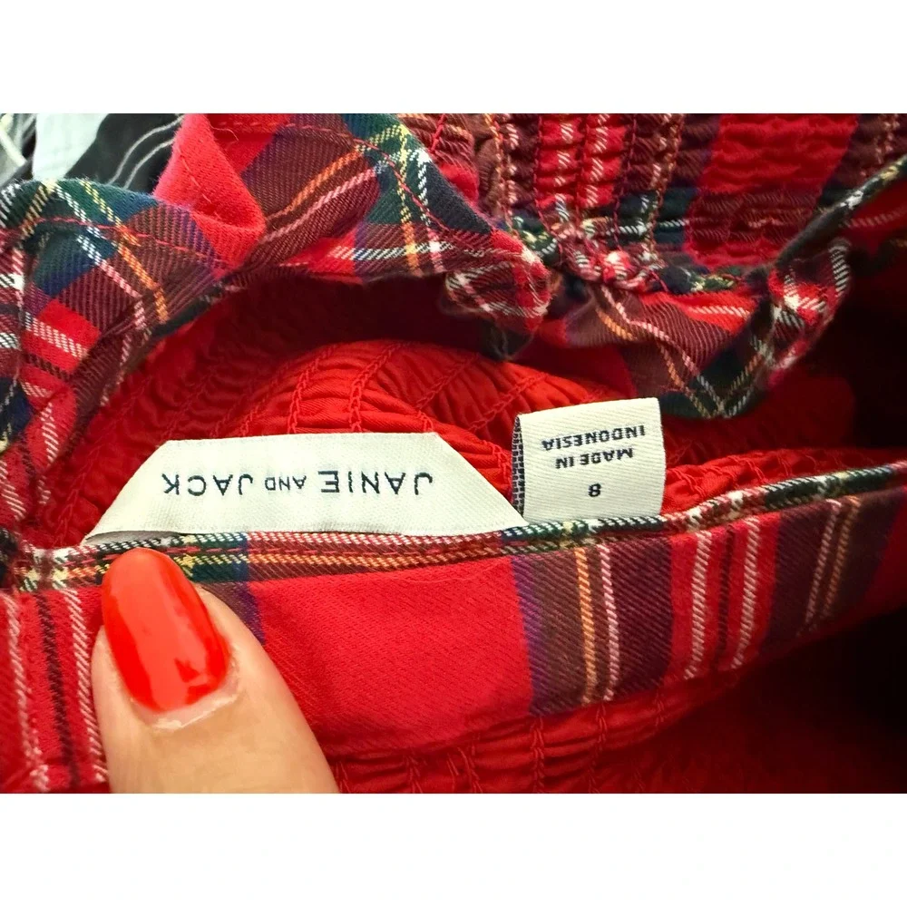 Janie and Jack Girls Red Plaid Tartan Smocked Top Puff Sleeve Holiday Size 8